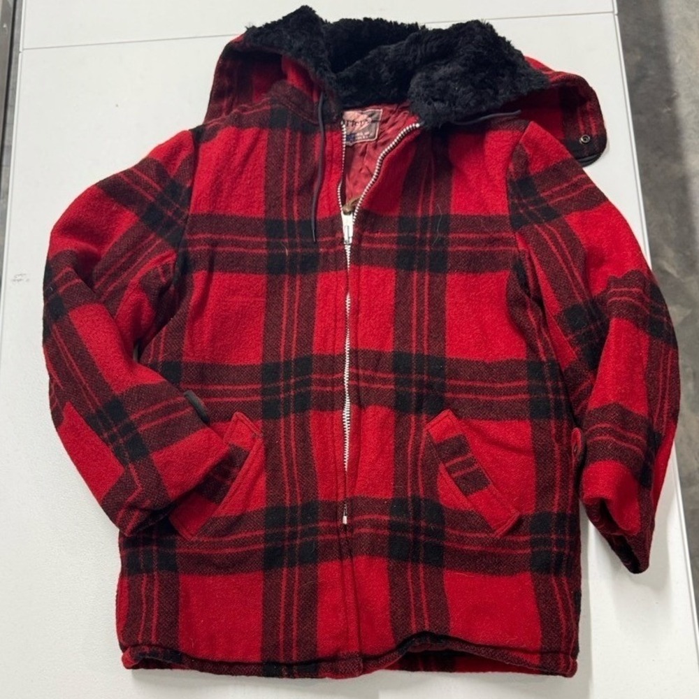 70s Carters Wool Plaid Jacket Mens M Red Good Faux Fur Hood Vintage Talon Zipper